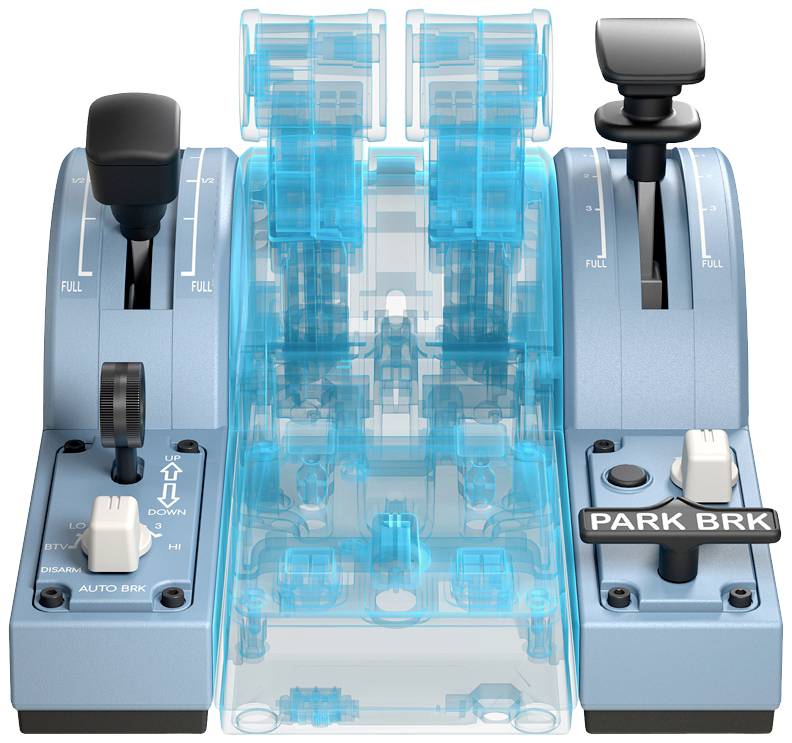 An aircraft control panel with three blue thrust levers, a black switch, a parking brake lever, and labels.