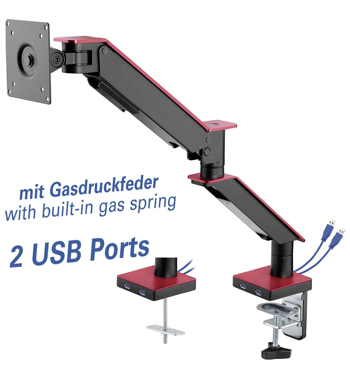'Monitor mount with integrated gas spring, two USB ports at the base. Black and red design, desk clamp included.'