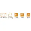 Symbols indicate screen size (43-89 cm), weight (2.5-11 kg), tilt (+/- 40°), swivel (180°), rotation (360°).