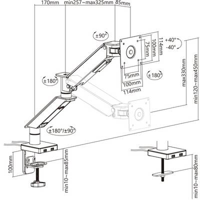 Technical drawing of a monitor arm. Shows adjustable arms with dimensions: 170mm depth, height 120-450mm. Angle and rotation ranges indicated.