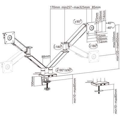 Technical drawing of an adjustable monitor arm with dimensions, showing rotation and tilt angles along with mounting options.