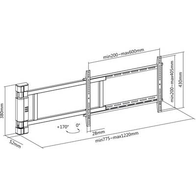 A technical drawing of an adjustable TV wall mount. Dimensions: Width from 775 to 1220 mm, height from 200 to 405 mm, depth from 52 to 380 mm.