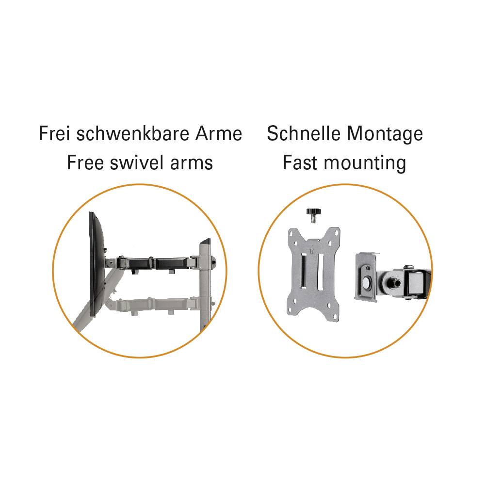 'Freely Swivelling Arms' shows a movable screen arm. 'Quick Installation' illustrates a simple wall mount arrangement.