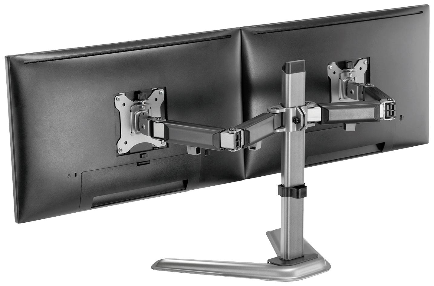 Two computer monitors on a monitor arm, holding both screens side by side; enables flexible positioning.