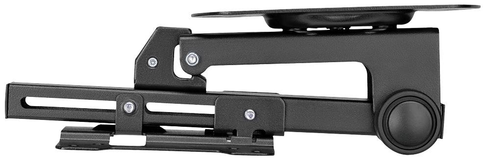 A black monitor mount with an adjustable arm. It is positioned sideways and shows mounting screws and joints.