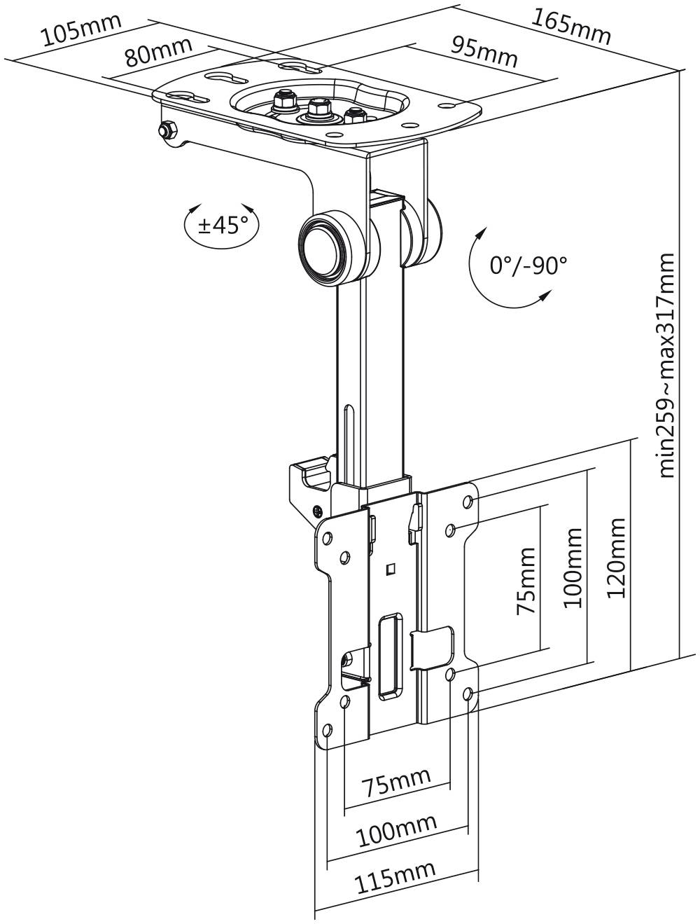 Technical drawing of an adjustable ceiling mount for projectors. Dimensions and rotation angles are specified in detail.
