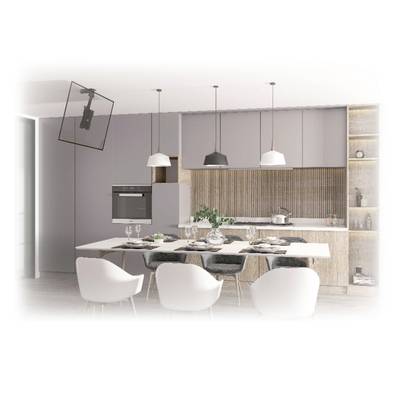 Modern kitchen with a dining table for six people. Pendant lights above the table, wooden shelves, cooker and oven in a minimalist design.