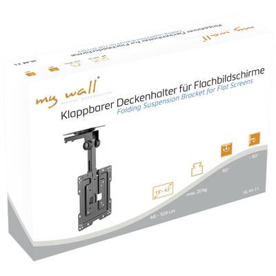 Foldable ceiling mount for flat screens, adjustable from 19° to 43°, suitable for 48-109 cm and up to 20 kg.