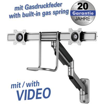 Monitor mount with gas spring, wall-mounted. Includes '20-year warranty' notice.