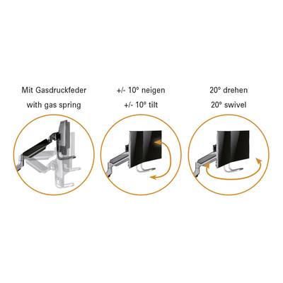 Three illustrations demonstrate a monitor arm with gas spring. Functions: +/- 10° tilt, 20° rotation.