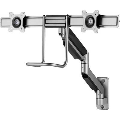 A double metal monitor mount with adjustable arms and cable management loop, suitable for office or home workspaces.