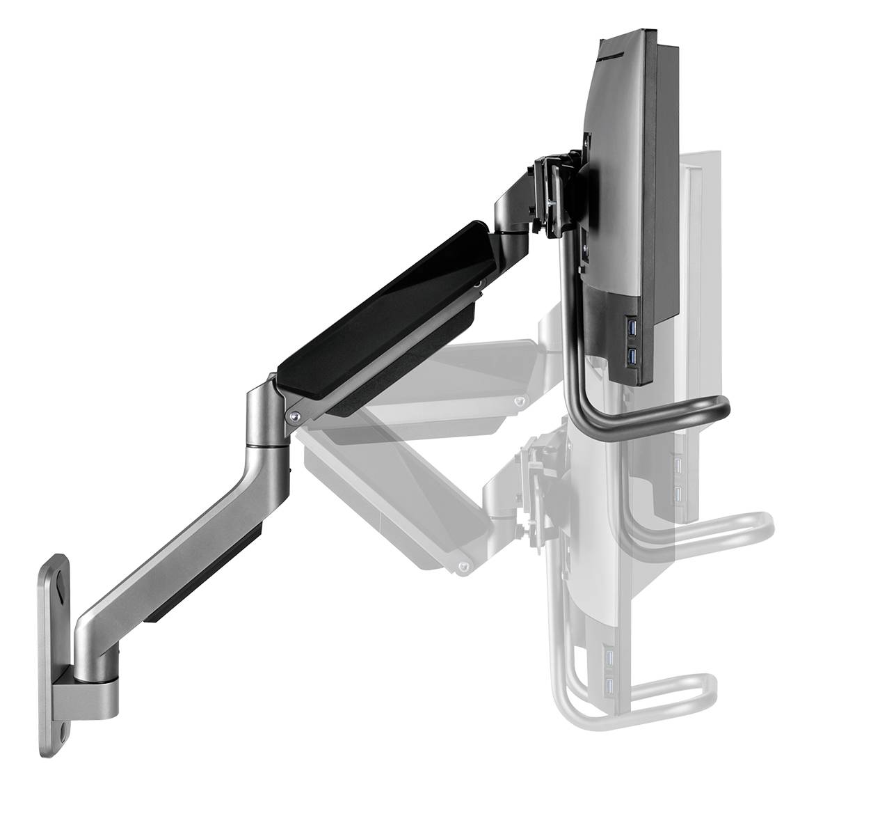 Monitor mount with adjustable arm shows various tilt and swivel positions. Mounted on a wall.