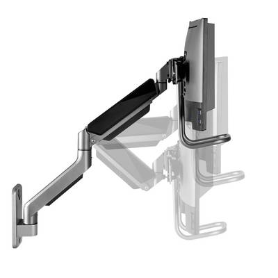 Monitor mount with adjustable arm shows various tilt and swivel positions. Mounted on a wall.