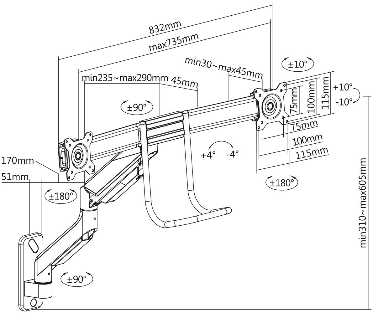 Technical drawing of a mounting arm construction with adjustable dimensions and angles. Overall width: 832mm; Height: 310-605mm.