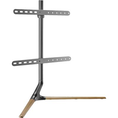 A black TV stand with two horizontal rails for mounting and a sturdy, brown base.