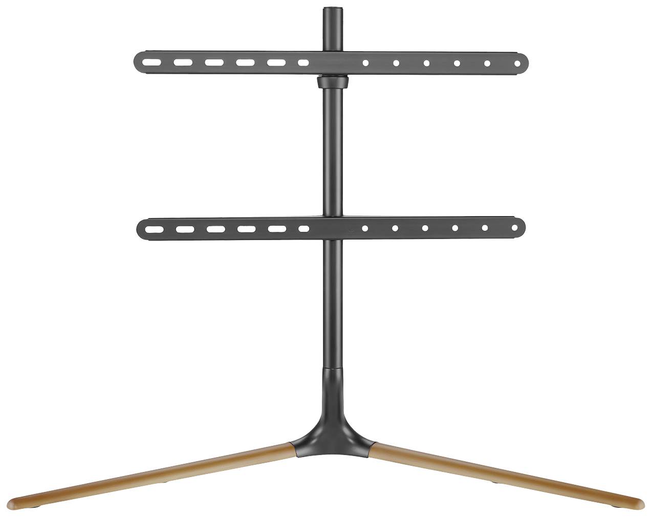 TV stand in black with two crossbars and wooden legs, suitable for presenting televisions in a modern living environment.
