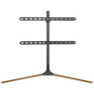 TV stand in black with two crossbars and wooden legs, suitable for presenting televisions in a modern living environment.