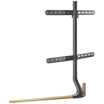 Adjustable TV bracket with wooden panel, mounted on a metal structure, for flexible use in contemporary living spaces.