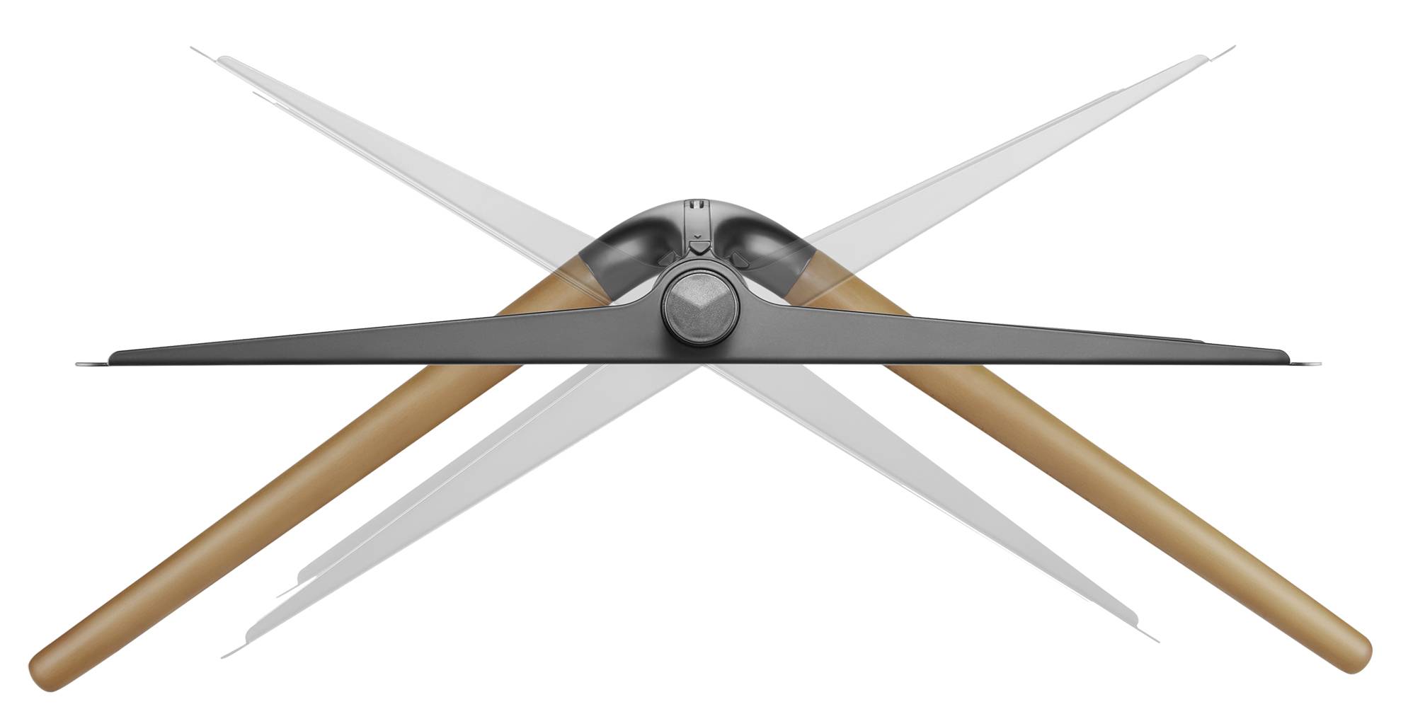 Folding X-Frame Table with Wooden Legs, Metal Hinge in the Centre. Shown in Open and Closed Positions.