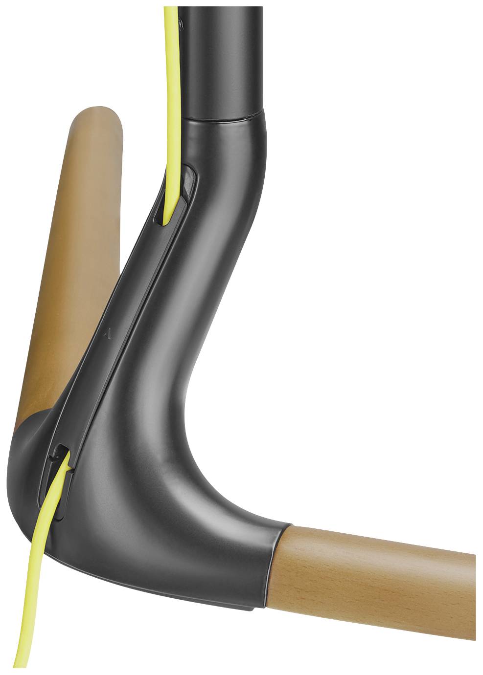 Close-up of an umbrella stand with a modern design, featuring black metal and a wooden handle. A yellow cable runs along the structure.