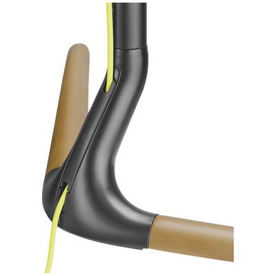 Close-up of an umbrella stand with a modern design, featuring black metal and a wooden handle. A yellow cable runs along the structure.
