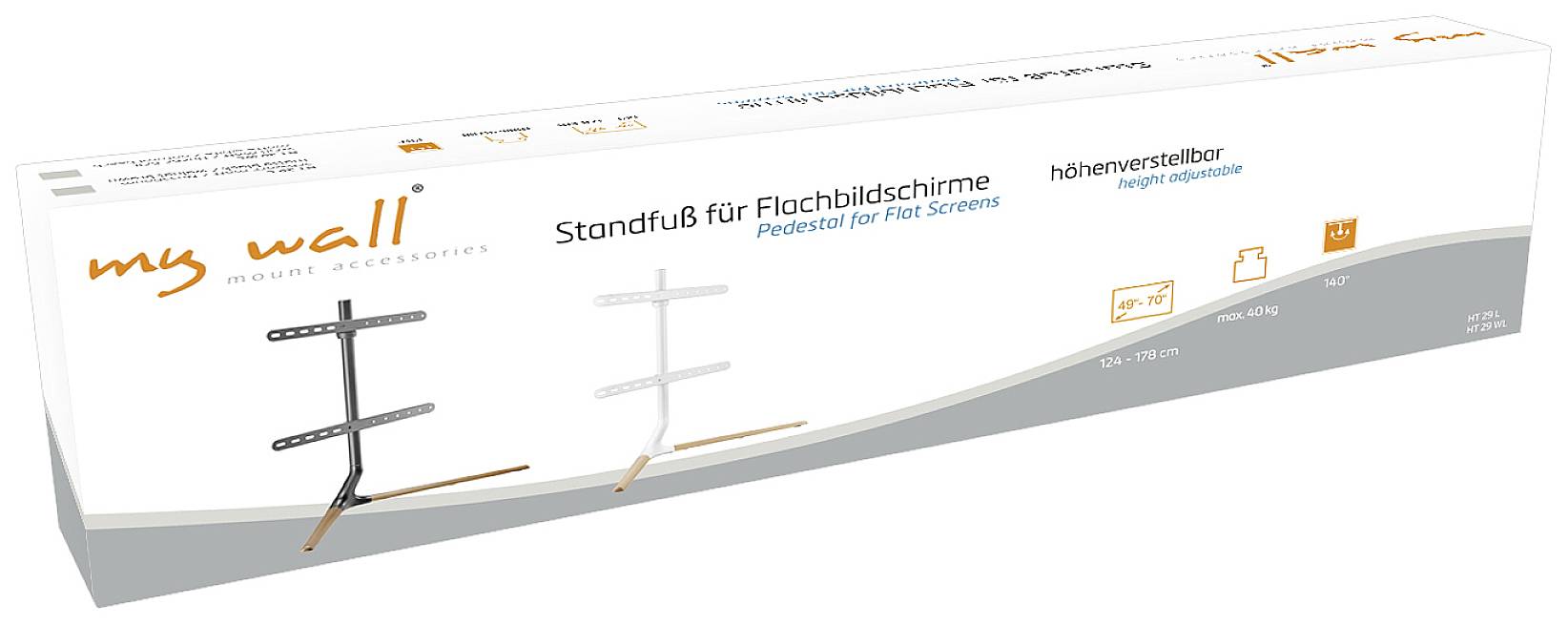 A packaging with the label 'Height-Adjustable Stand for Flat Screens'. Shows an image of the stand and its specifications.