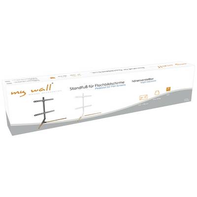 A packaging with the label 'Height-Adjustable Stand for Flat Screens'. Shows an image of the stand and its specifications.