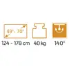 Symbols with specifications for monitor mount: Screen size 49"-70", Load capacity 40 kg, Tilt 140°, Width 124-178 cm.
