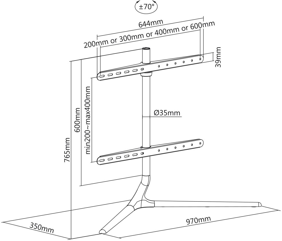 'Technical drawing of a monitor stand with dimensions: Height 765mm, Width 970mm, adjustable mounting brackets, tilt ±70°.'