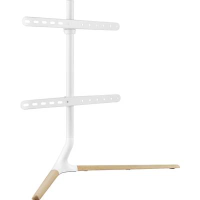 A white metal TV stand with two attached shelf supports. The base has a wooden accent at one end.