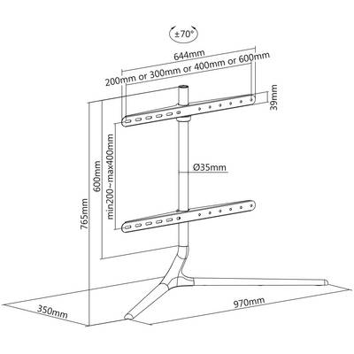 A technical drawing shows a monitor stand with dimensions: width 644 mm, height 765 mm, feet 970 mm wide. Height adjustment from 200 mm to 400 mm.