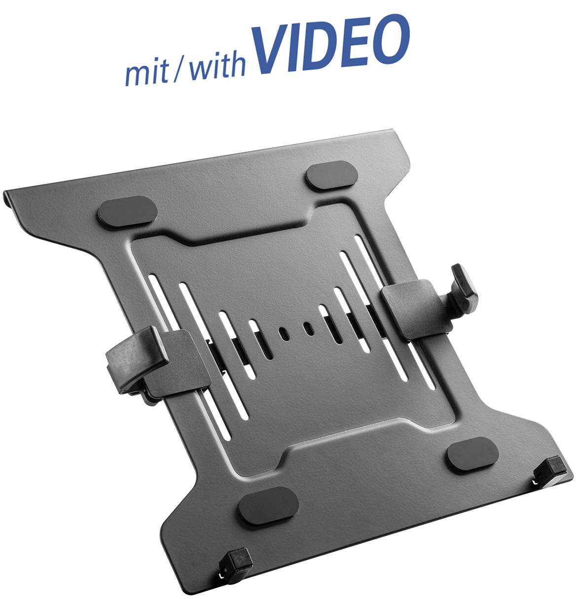 Metal Tablet Holder, for Wall Mounting, with Adjustable Clamps and Non-Slip Pads. Text above: 'with VIDEO'