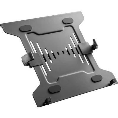 A black metal laptop stand with adjustable clips and rubber feet, designed to improve air circulation underneath the laptop.