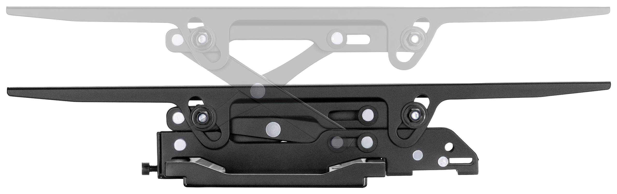 Side view of a black, adjustable bicycle or vehicle mount with visible screws and mechanical components.