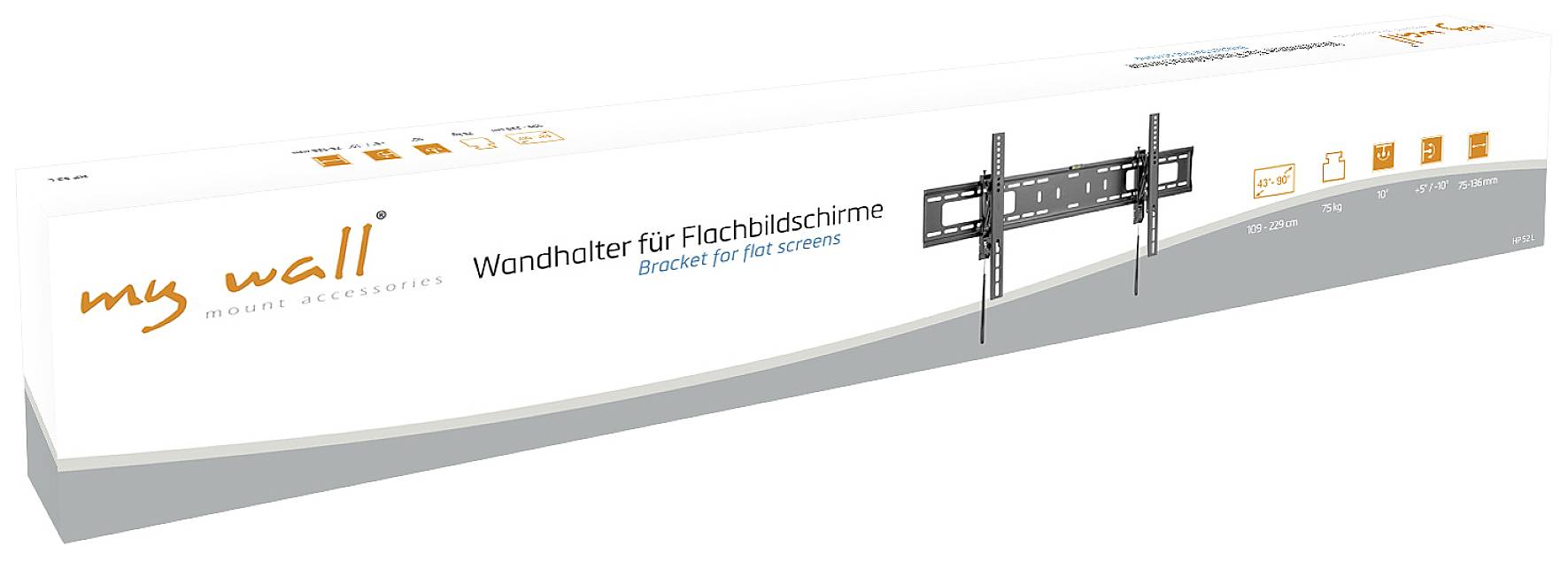 Flat, white packaging for a flat-screen wall mount by the brand 'my wall', displaying the mounting bracket with an illustration and installation instructions.