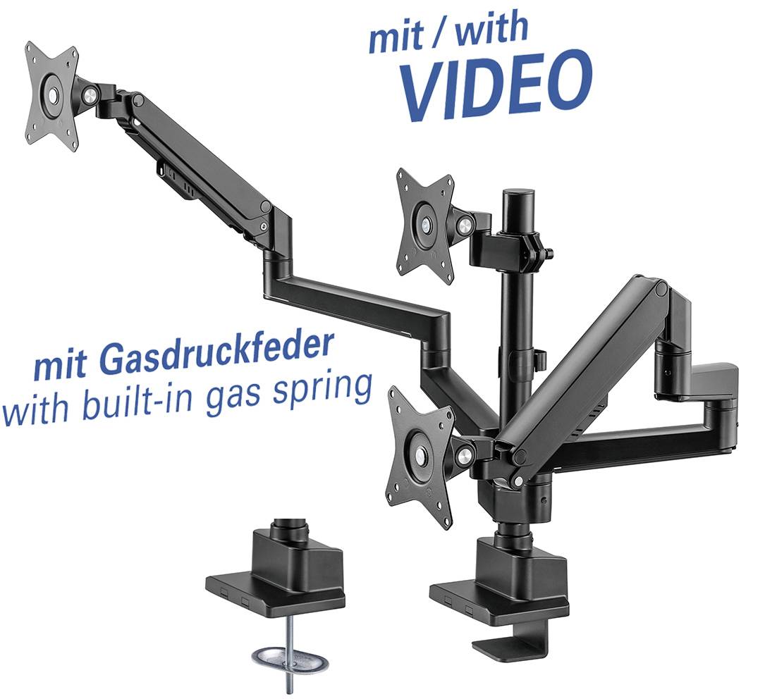 Black monitor arm for three screens, equipped with gas spring and adjustable. Includes mounting element and reference to video.