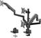 An adjustable dual monitor mount with two arms and clamps for desk attachment, suitable for offices.