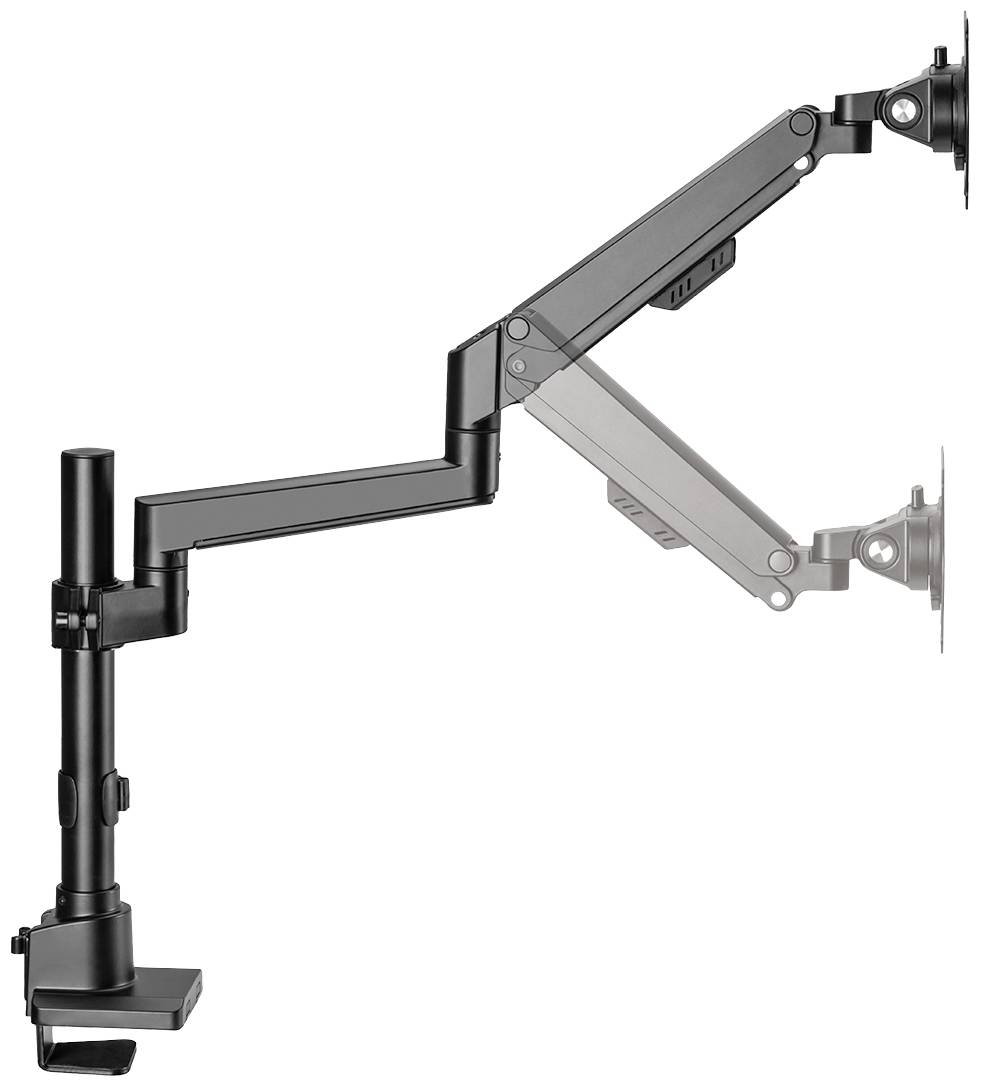 A ergonomic, adjustable metal monitor arm mounted to a desk that can hold a screen at various angles.