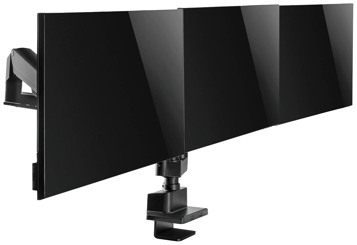 A black triple monitor arm, mounted on the edge of a desk, holds three monitors side by side in a horizontal alignment.