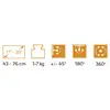 Symbols indicate suitable screen size (43-76 cm), load capacity (1-7 kg), tilt (+/- 45°), swivel range (180°) and rotation (360°).