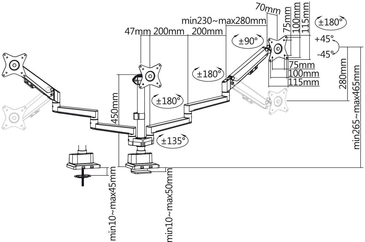 'Technical drawing of a triple monitor arm. Dimensions and pivotable angles of the arms are detailed.'