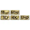 '18 Gbit/s', '60 Hz', '3D', '4K 3840 x 2160', 'UHD' gold-on-black badges represent high transmission rate and display quality.