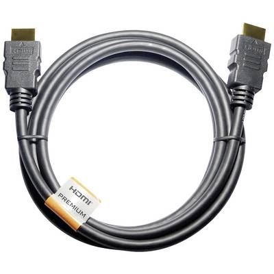 A black HDMI premium cable with gold-plated connectors, suitable for high-definition video and audio transmission.