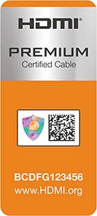 'HDMI Premium Certified Cable' label with QR code, manufacturer's logo, serial number BCD... and website www.HDMI.org in orange and silver.