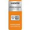 'HDMI Premium Certified Cable' label with QR code, manufacturer's logo, serial number BCD... and website www.HDMI.org in orange and silver.