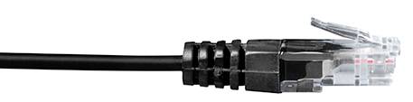 Black Ethernet cable with RJ45 plug, photographed from the side. The plug has a transparent plastic casing with metal contacts.