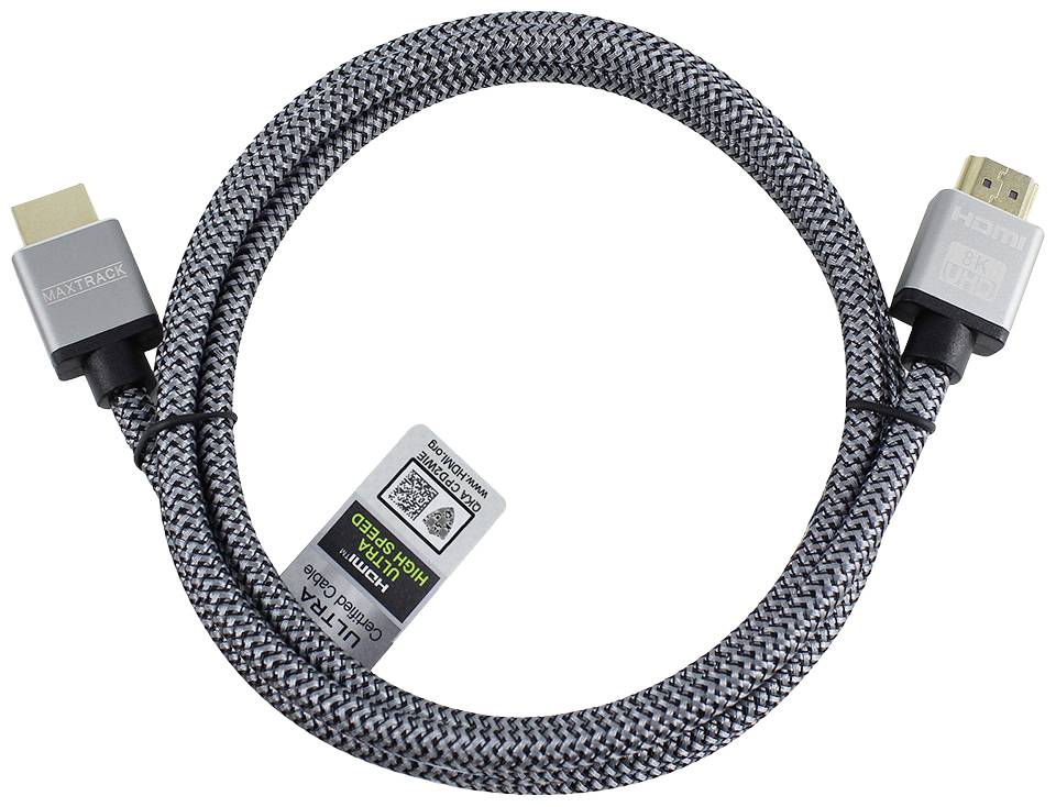 A braided HDMI cable with two connectors and a label indicating 'Ultra High Speed'.