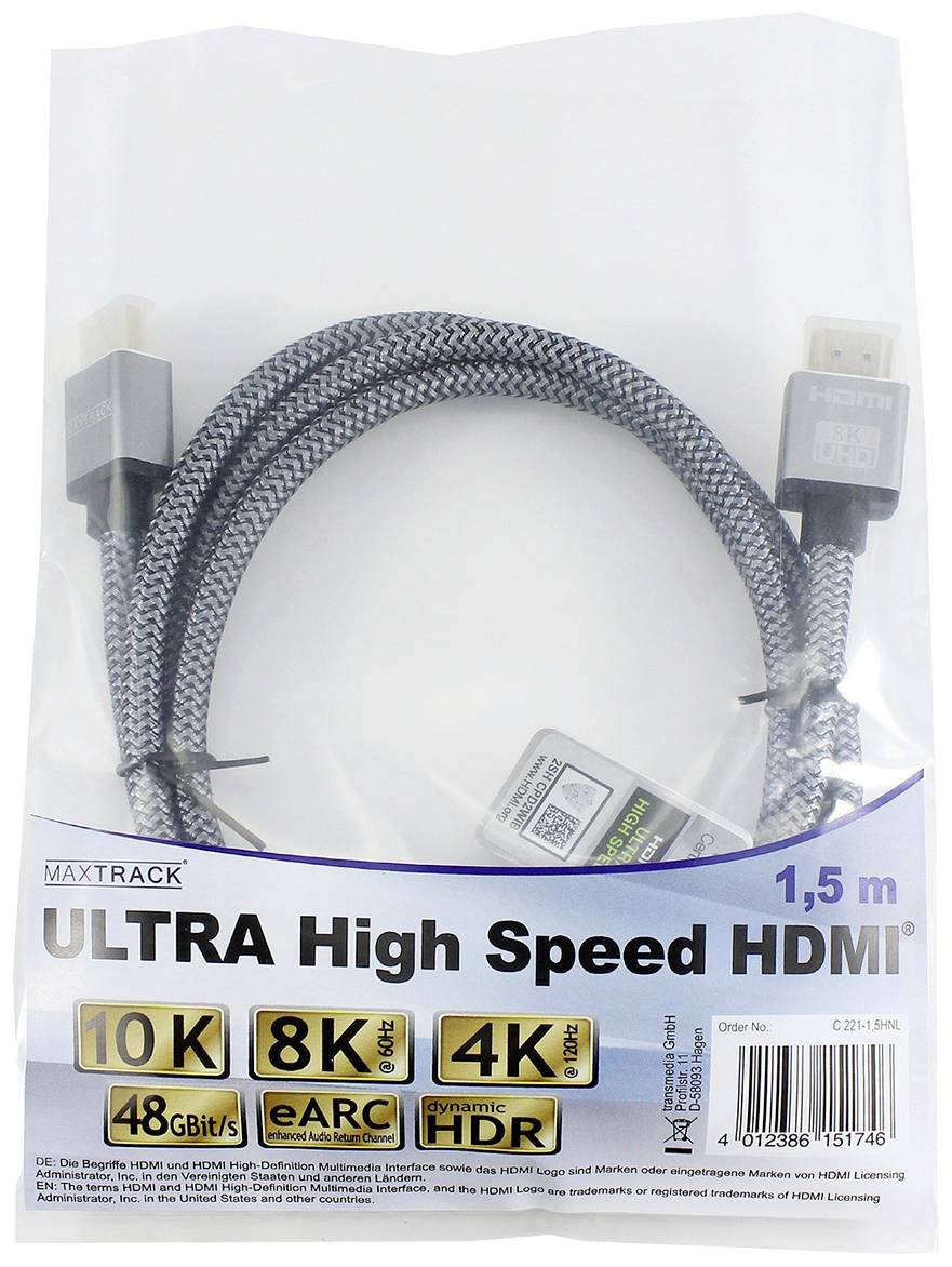 A 1.5-metre long Ultra High Speed HDMI cable packaging shows specifications such as 8K, 4K, 48 Gbps, eARC and dynamic HDR.