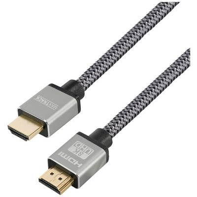 Grey HDMI cable with black braided sleeve, gold-plated connectors and '8K UHD' print on the connector.