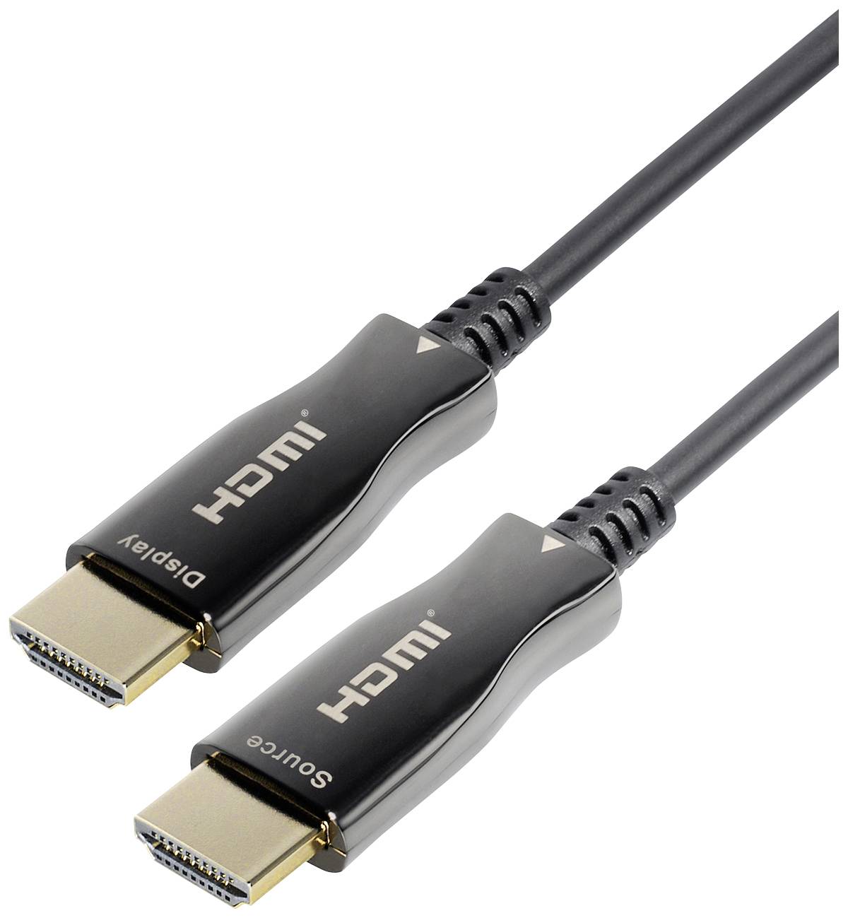 Two black HDMI cables, each marked with one end as 'Source' and the other as 'Display', indicate the functional direction.